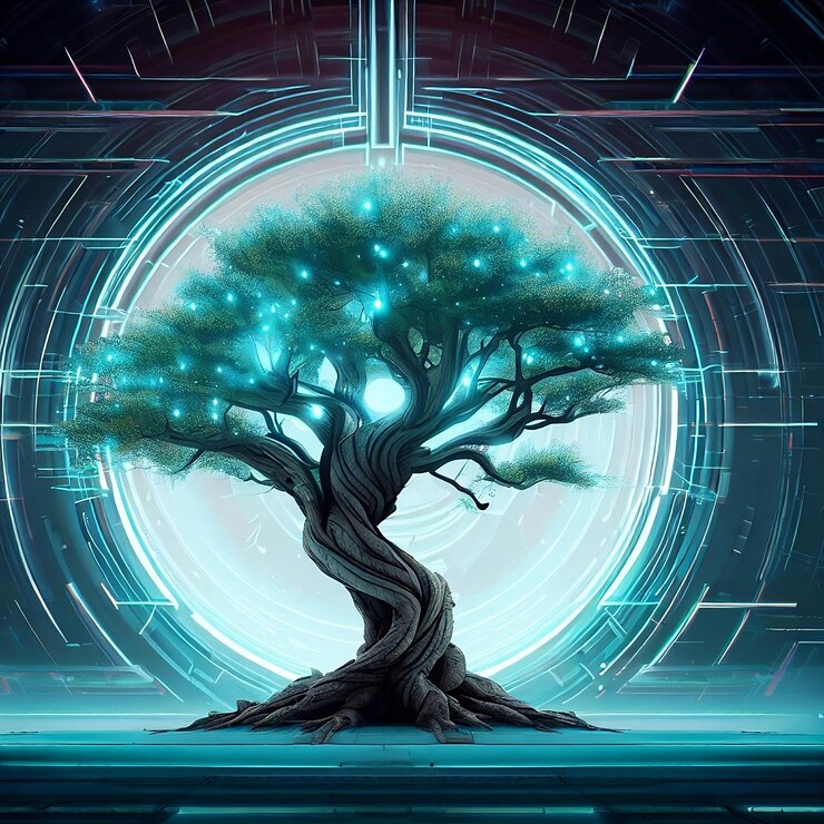 Un árbol en un círculo con luces en él.