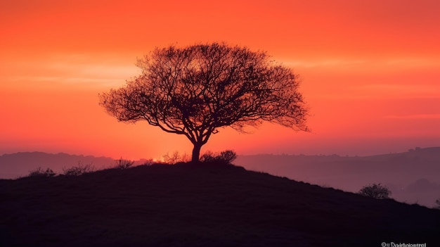 Un árbol en una colina al atardecer con la puesta de sol detrás de él.