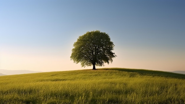 Un árbol en una colina con un cielo azul de fondo