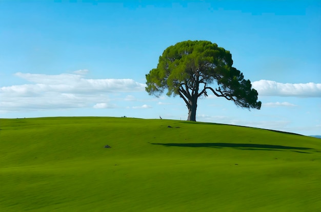 Un árbol en una colina con un cielo azul de fondo