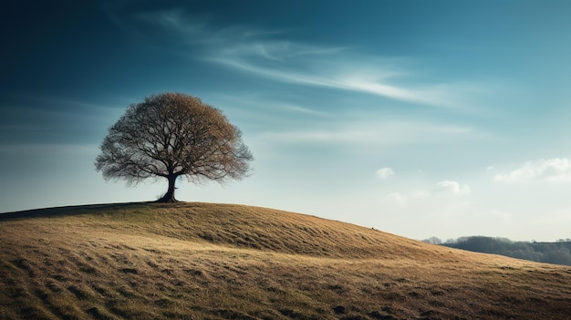 Un árbol en una colina con un cielo azul de fondo