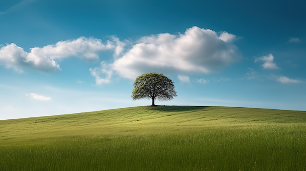 Un árbol en una colina con un cielo azul y nubes.