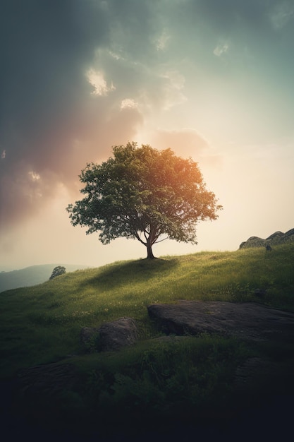 Un árbol en una colina con un cielo nublado al fondo.