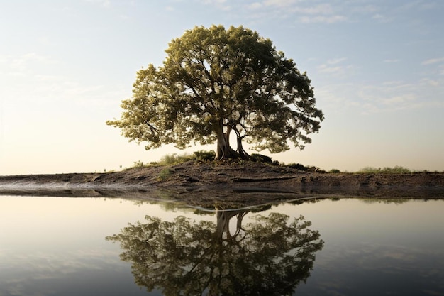 Un árbol en una colina con un lago al fondo.