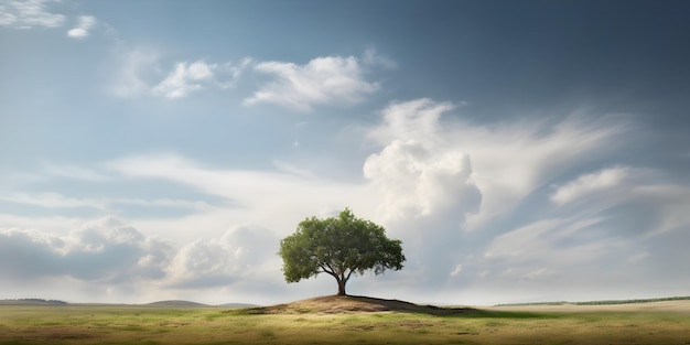 Un árbol en una colina con nubes al fondo.