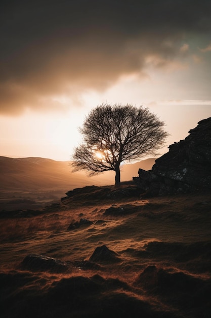 Un árbol en una colina con la puesta de sol detrás de él.