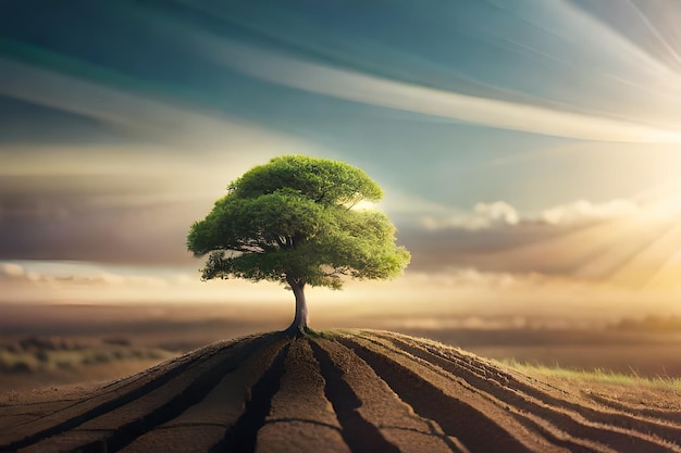 Un árbol en una colina con el sol detrás