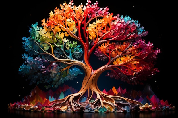 árbol de colores brillantes con raíces y hojas sobre un fondo negro.