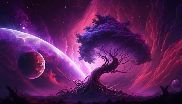 Un árbol de colores morado y morado y un planeta al fondo.