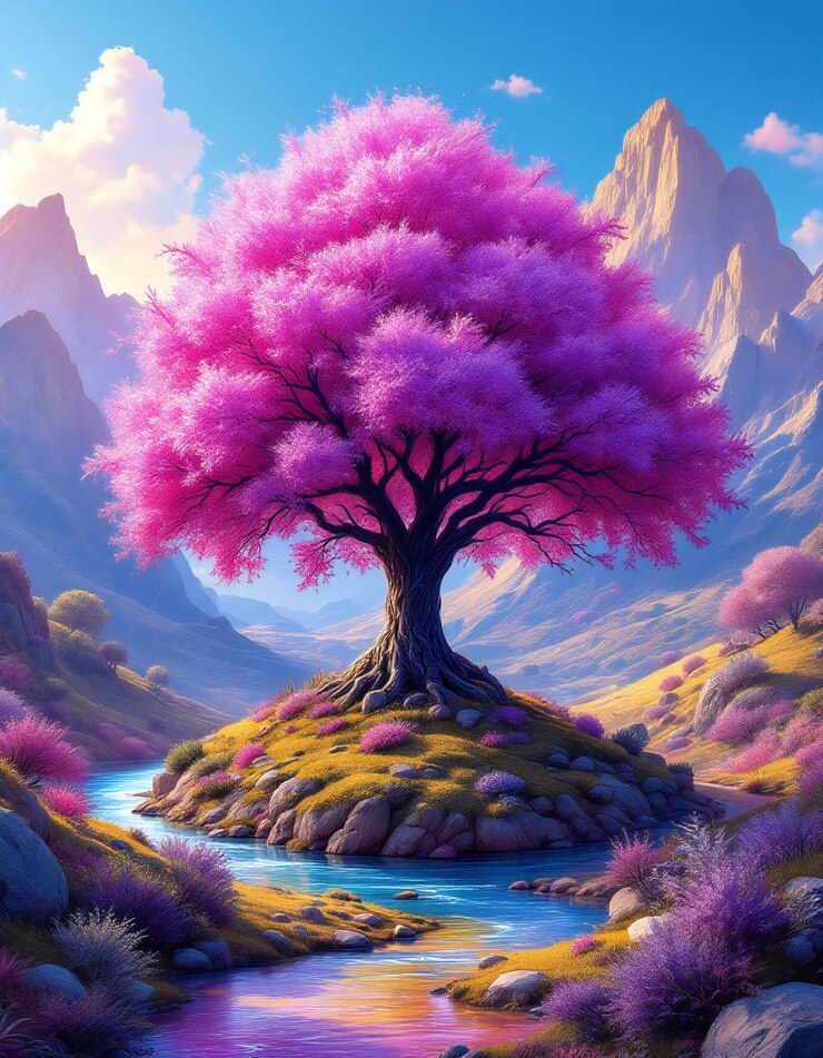 Un árbol de colores vibrantes con una gran corona púrpura y púrpura esponjosa se encuentra en lo alto de un paisaje montañoso