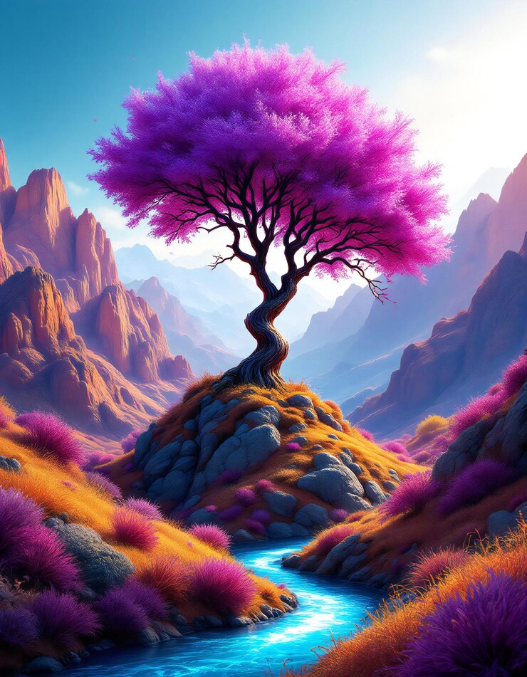 Un árbol de colores vibrantes con una gran corona púrpura y púrpura esponjosa se encuentra en lo alto de un paisaje montañoso