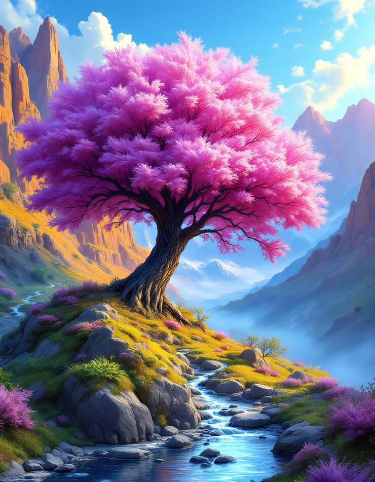 Un árbol de colores vibrantes con una gran corona púrpura y púrpura esponjosa se encuentra en lo alto de un paisaje montañoso