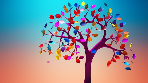 Árbol colorido con hojas en las ramas colgantes ilustración en fondo blanco