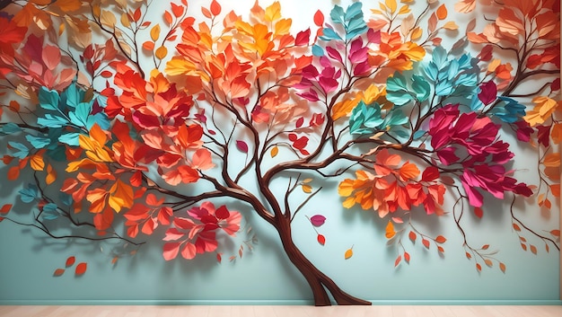 árbol colorido con hojas vibrantes colgando ramas ilustración fondo