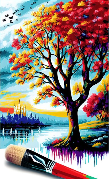 Un árbol colorido junto al río.