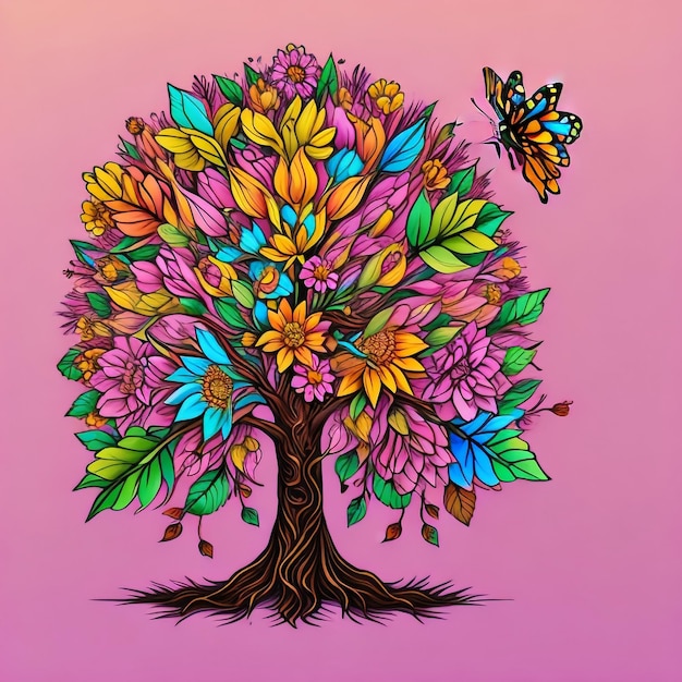 Un árbol colorido con una mariposa en él.