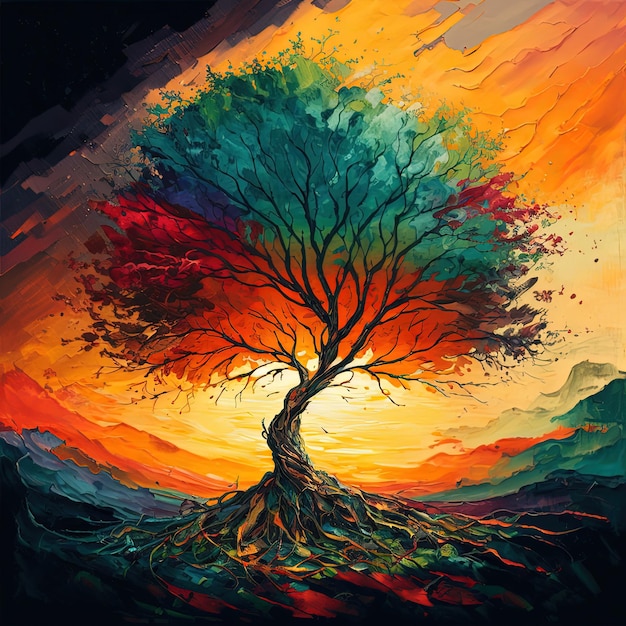 Un árbol colorido con las raíces en el medio.