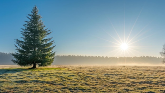 Un árbol de coníferas solitario en un prado nebuloso al amanecer