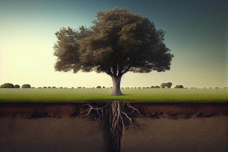 El árbol crece en el campo en la superficie y en el subsuelogenerativo ai