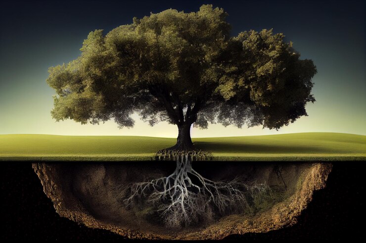 El árbol crece en el campo en la superficie y en el subsuelogenerativo ai