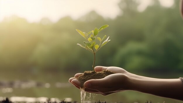 Un árbol crece a mano Concepto de conservación forestal