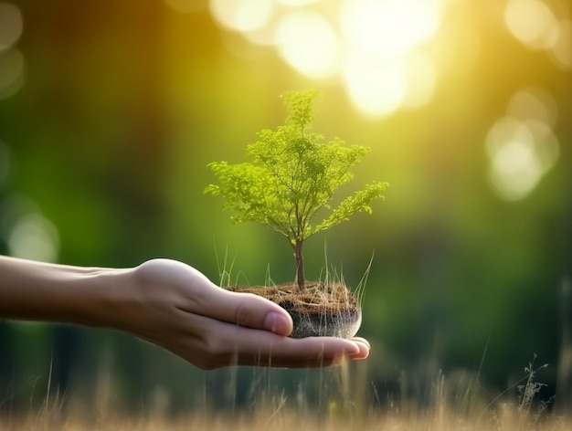 Un árbol crece a mano Concepto de conservación forestal