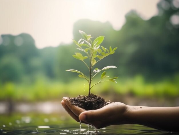 Un árbol crece a mano Concepto de conservación forestal