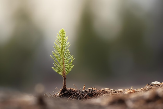 Un árbol crece en el suelo con un fondo borroso.