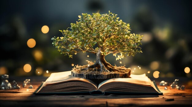 Un árbol creciendo en un libro abierto