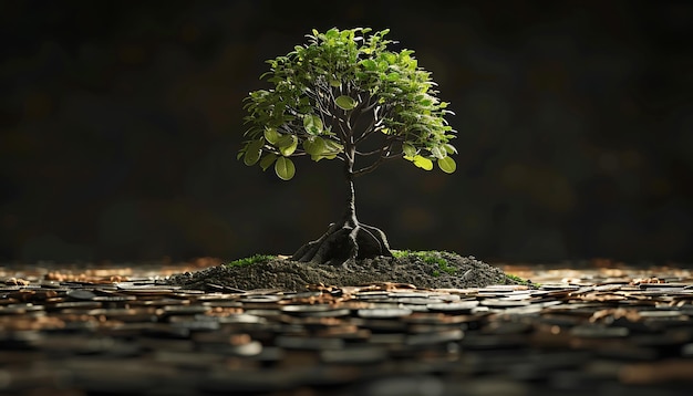 Foto un árbol creciendo de una pila de monedas con una pila de moedas en el fondo