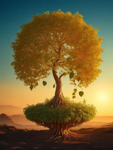 Un árbol creciendo en el suelo con el sol brillando sobre él