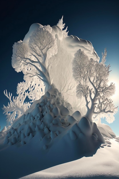 Árbol cubierto de nieve sentado en la cima de una colina cubierta de nieve ai generativo
