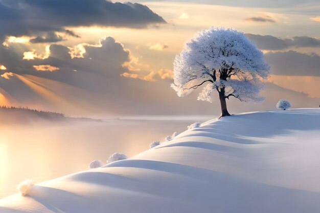 un árbol cubierto de nieve con el sol detrás