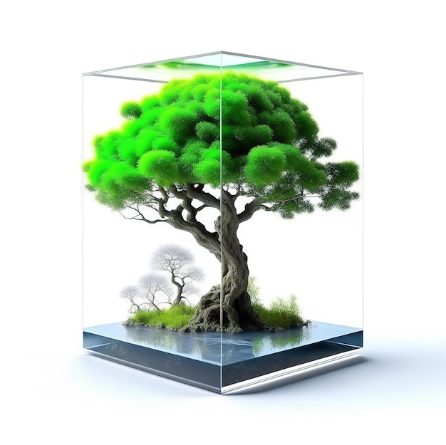 Un árbol en un cubo de cristal sobre un fondo blanco.