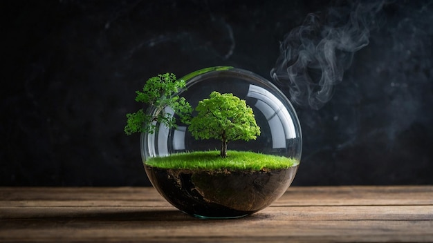 un árbol en un cuenco de vidrio con un árbol en él