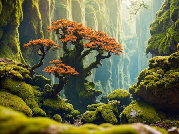 Un árbol en una cueva con musgo y musgo.