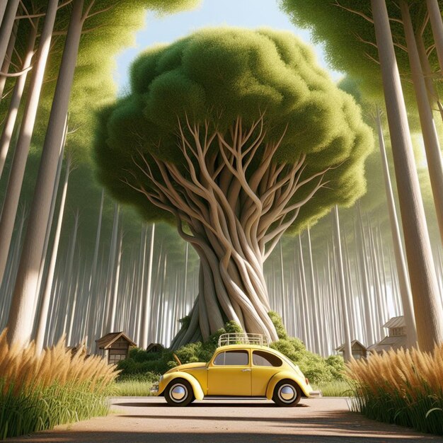 un árbol delgado y alto en el medio un coche de escarabajo amarillo bajo el árbol tiempo de verano Hayao Miyazaki