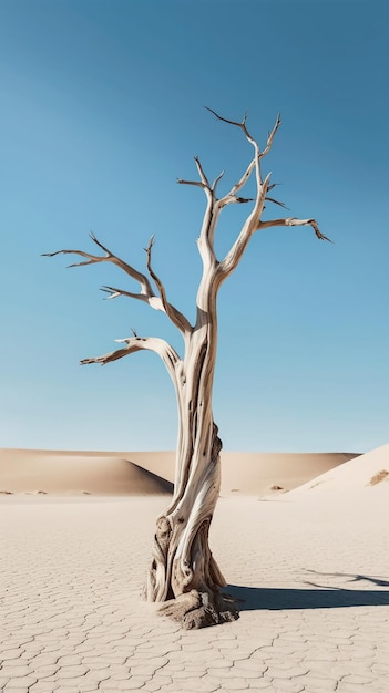 Un árbol en el desierto con un cielo azul detrás