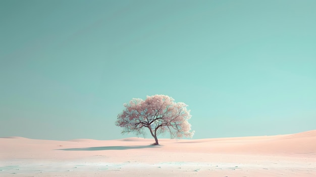 un árbol en el desierto con un cielo rosa en el fondo