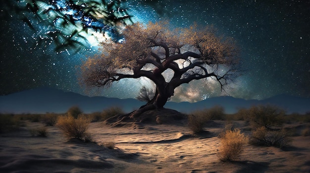 Un árbol del desierto contra un cielo estrellado