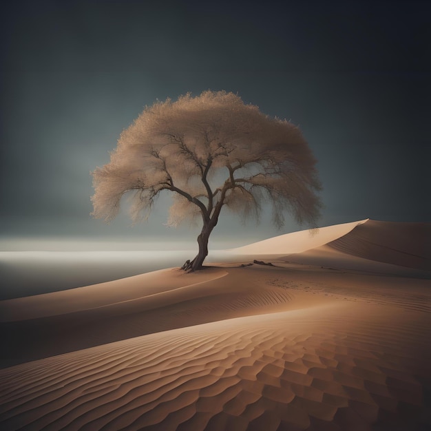 Foto Árbol en el desierto con dunas de arena generativo ai