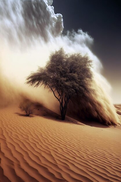 Un árbol en el desierto está soplando en el viento.