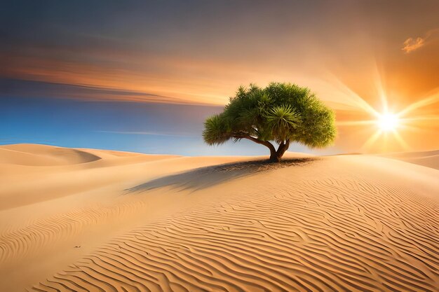 Un árbol en el desierto con la puesta de sol detrás de él.