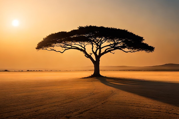 Un árbol en el desierto con la puesta de sol detrás de él.