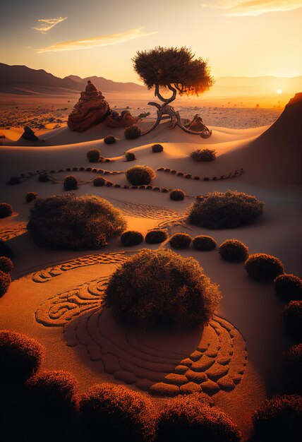 un árbol en el desierto con la puesta de sol en el fondo