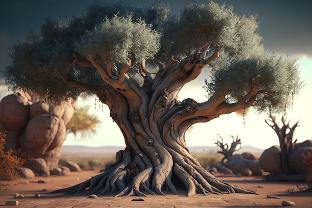 Un árbol en el desierto con las raíces del árbol.