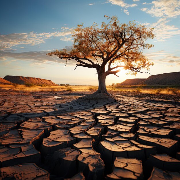 Foto un árbol en un desierto seco con un árbol en el fondo