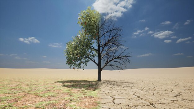 Un árbol en un desierto con el sol brillando sobre él.