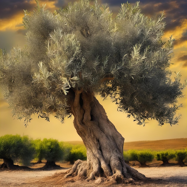 árbol en el desiertoolivo en el atardecer