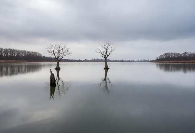 Foto un árbol desnudo en el medio de un cuerpo de agua con superficie de agua lisa y cielo nublado en el fondo rodeado de hojas caídas